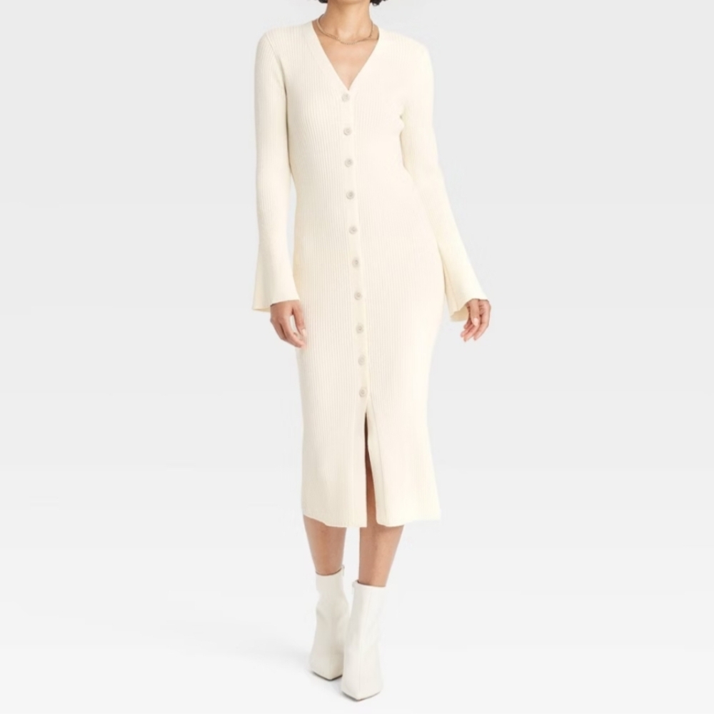a new day Cream Ribbed Button-Front V‑Neck Midi Dress